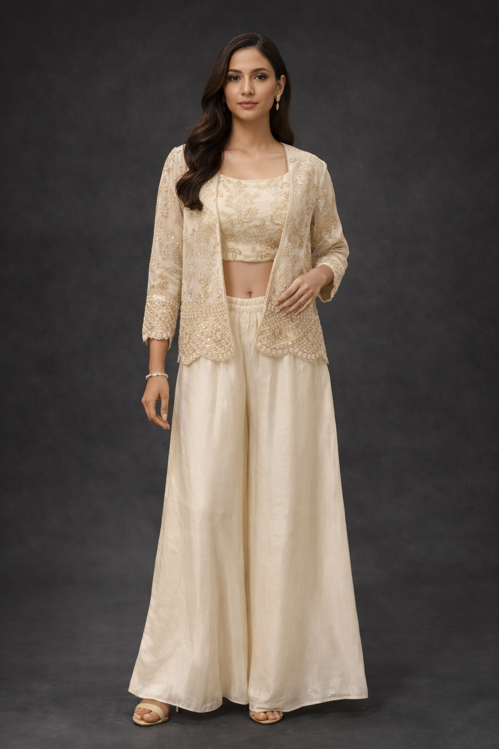 Beige Tissue Co-ord Set with Embroidered Crop Top & Short Jacket